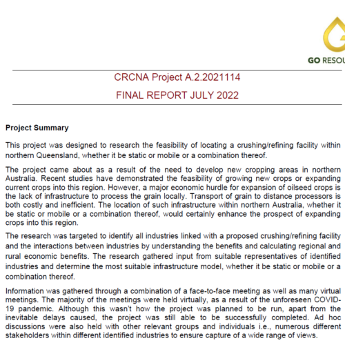 Seed handling, crushing and refining infrastructure feasibility project: Final report to the CRCNA